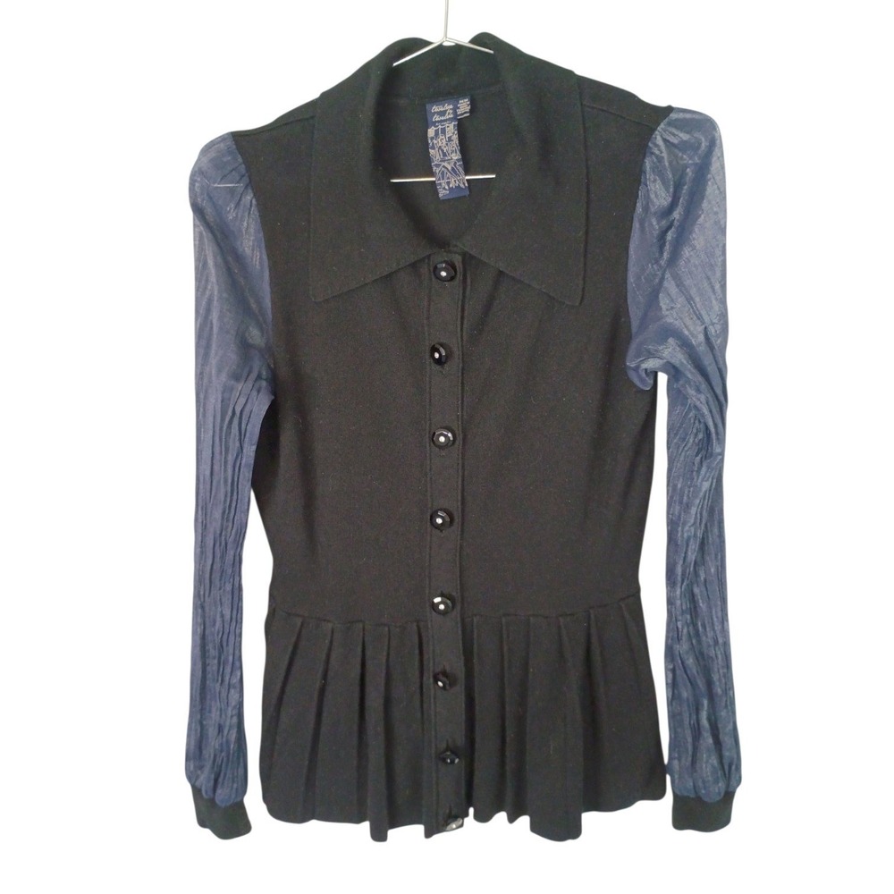 Vintage Twelve by Twelve Black Peplum Cardigan Sheer Blue Crinkle Sleeves M